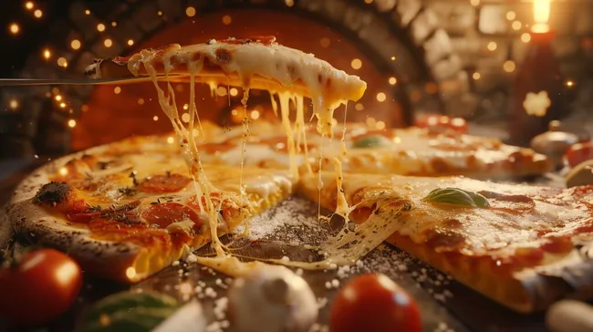 Leckere Pizza mit geschmolzenem Käse und duftenden Zutaten