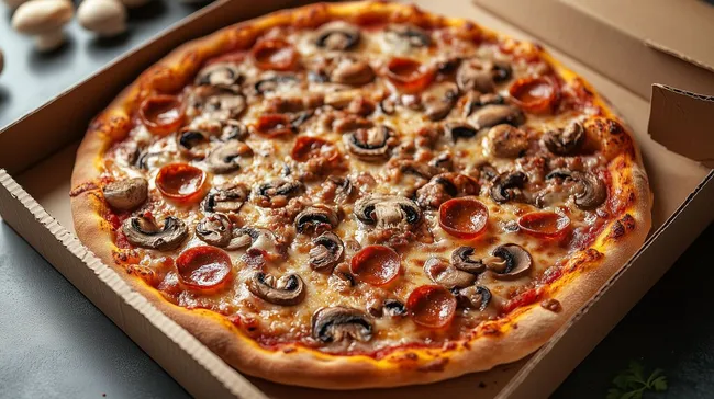 Leckere Pizza mit Pilzen in Pizzakarton