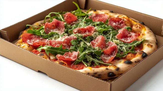 Leckere Pizza mit Rohschinken und Rucola in Pappschachtel