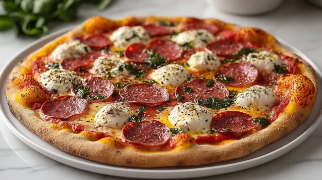 Leckere Pizza mit Salami, Mozzarella und frischen Kräutern