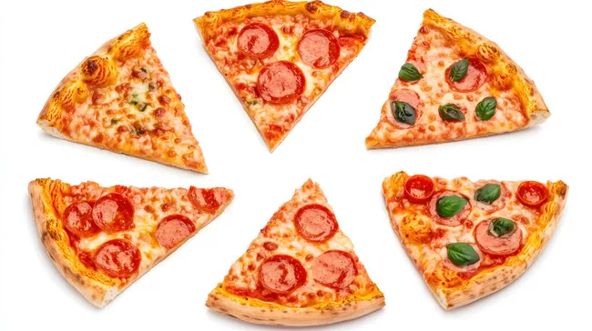 Leckere Pizzastücke mit Salami und Basilikum