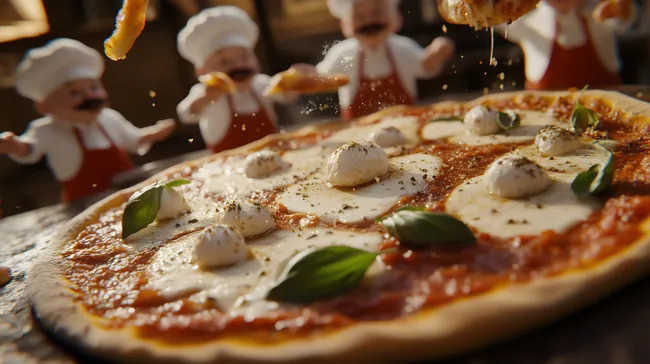 Leckere Pizzaszene mit Mozzarella und frischem Basilikum