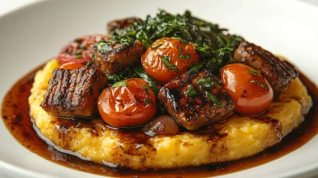 Leckere Polentaportion mit gegrillten Tomaten und Fleischwürfeln