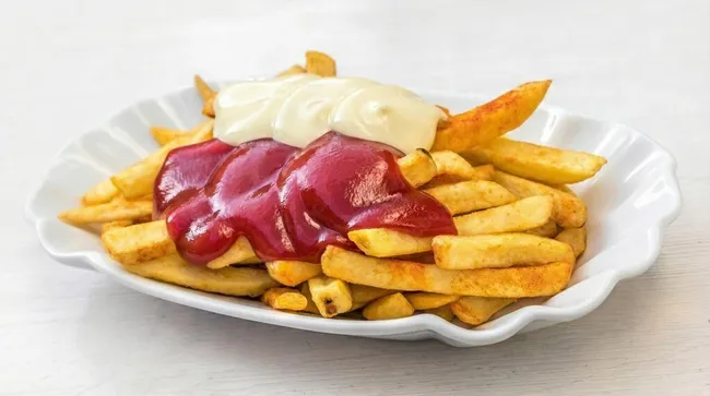 Leckere Pommes rot-weiß mit Ketchup und Mayo