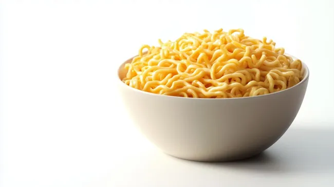 Leckere Portion gekochte Instantnudeln in weißer Schüssel