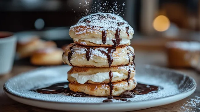 Leckere Profiteroles mit Schokoladensoße und Sahne