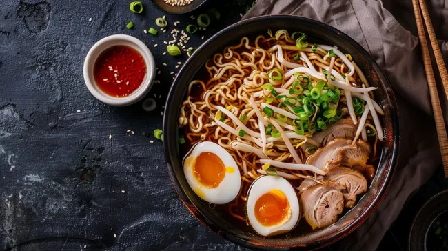 Leckere Ramennudelschüssel mit Ei und Pilzen