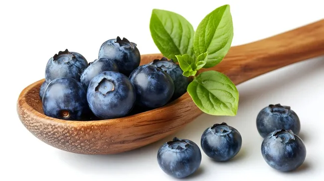 Leckere, reife Blaubeeren in Holzschale