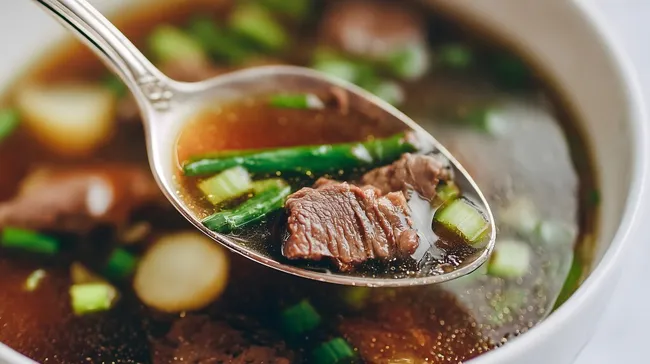 Leckere Rindfleischsuppe mit Gemüse in Schüssel