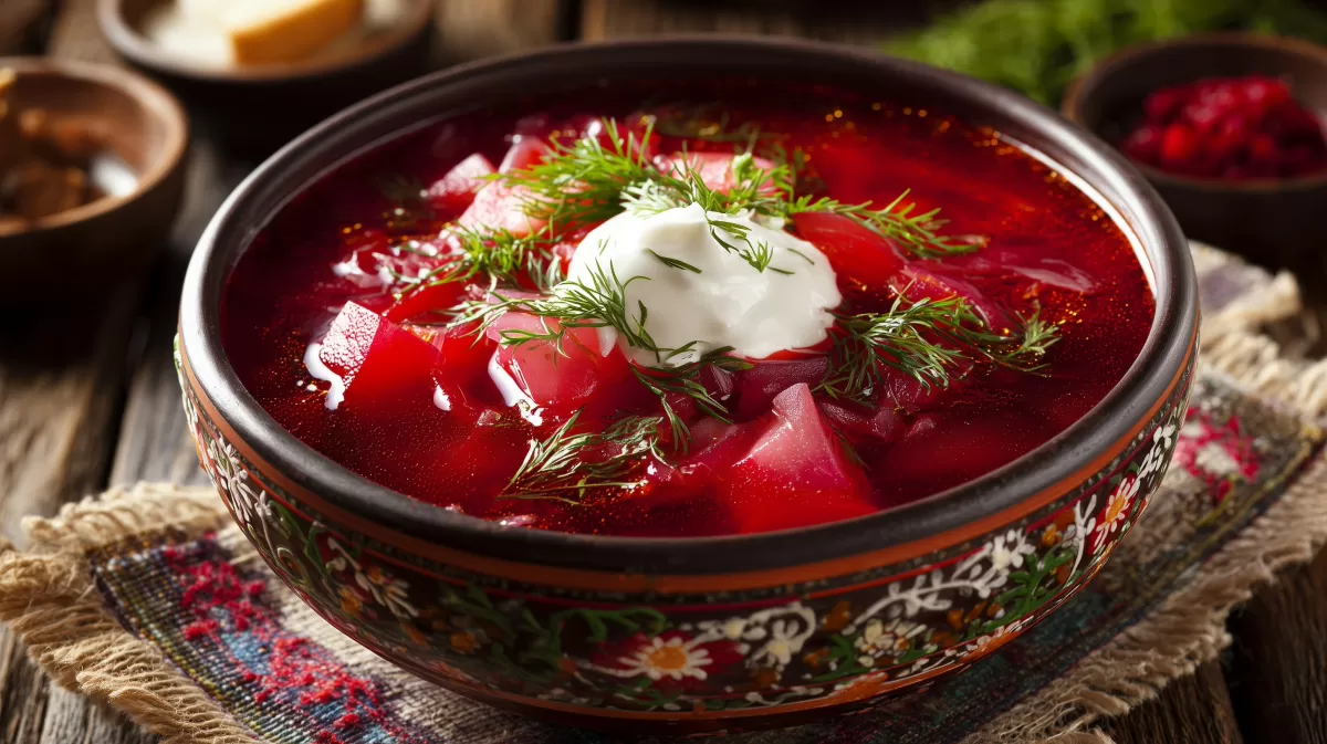 Leckere rote Borschtsch-Suppe mit Sauerrahm und Dill