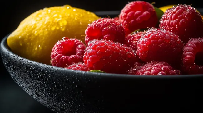 Leckere rote Himbeeren und gelbe Zitrone in dunkler Schüssel