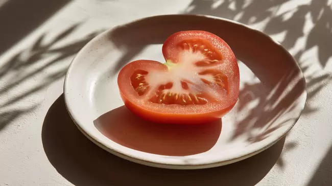 Leckere rote Tomatenscheibe auf weißer Platte