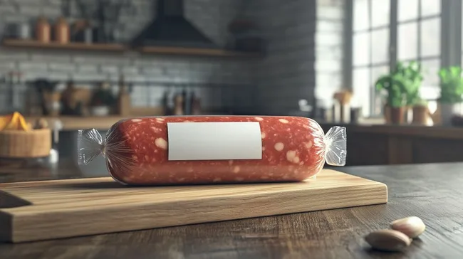 Leckere Salami auf Holzbrett in moderner Küche