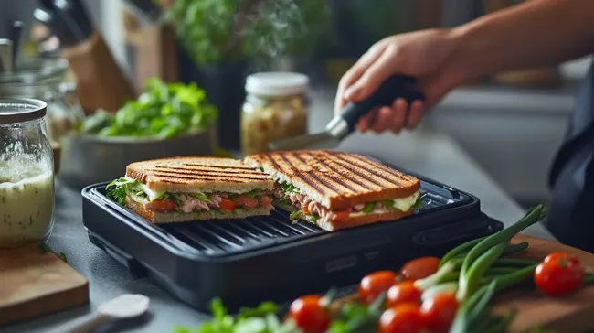 Leckere Sandwiches mit Thunfischfüllung auf Grillpresse