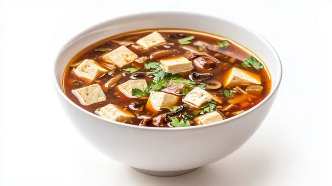 Leckere scharfe Suppe mit Tofu und Pilzen