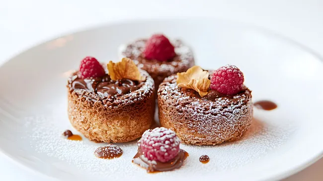 Leckere Schokokuchen mit Himbeeren und Karamelldekor