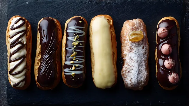 Leckere Schokoladen-Eclairs auf dunkler Steinplatte