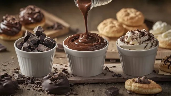 Leckere Schokoladendesserts mit Sahne und Streuseln