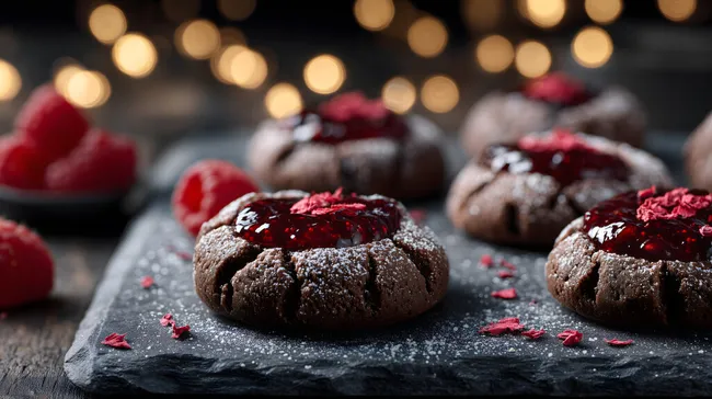 Leckere Schokoladenkekse mit Himbeermarmelade und Puderzucker