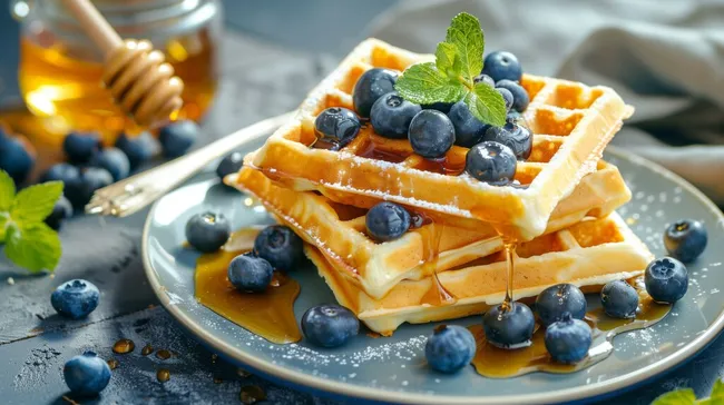 Leckere selbstgemachte Waffeln mit Blaubeeren und Honig
