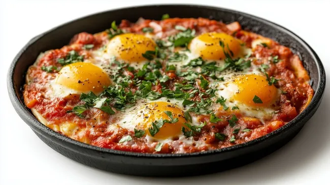 Leckere Shakshuka-Pfanne mit knusprigen Eiern