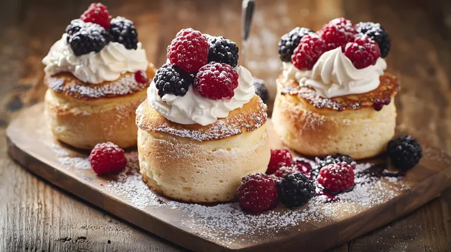 Leckere Soufflé-Pancakes mit Sahne und Beeren