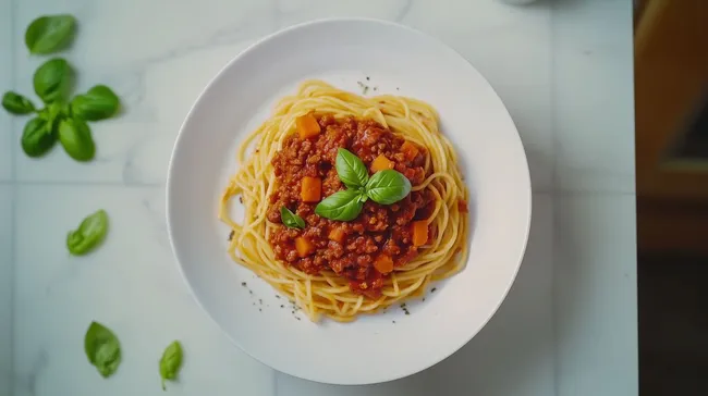Leckere Spaghetti Bolognese mit frischem Basilikum