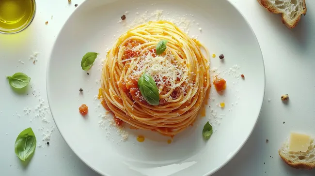 Leckere Spaghetti Bolognese mit frischen Basilikumblättern