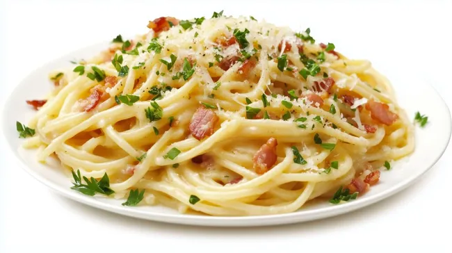 Leckere Spaghetti Carbonara mit Speck und Parmesan