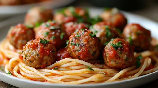 Leckere Spaghetti mit Fleischbällchen in Tomatensauce
