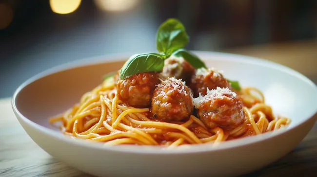 Leckere Spaghetti mit frischen Tomatensauce und Fleischbällchen