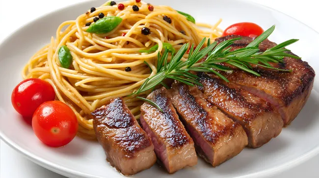 Leckere Spaghetti mit gegrilltem Rindfleisch und Rosmarin