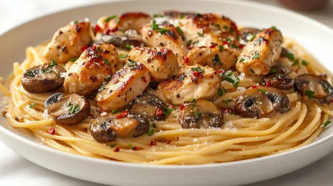 Leckere Spaghetti mit Hühnchen und Pilzen