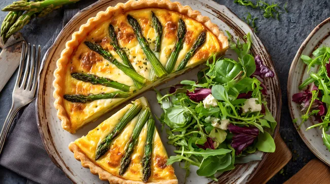 Leckere Spargelquiche mit frischem Salat