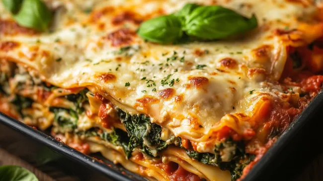 Leckere Spinat-Gemüse-Lasagne mit Käse überbacken