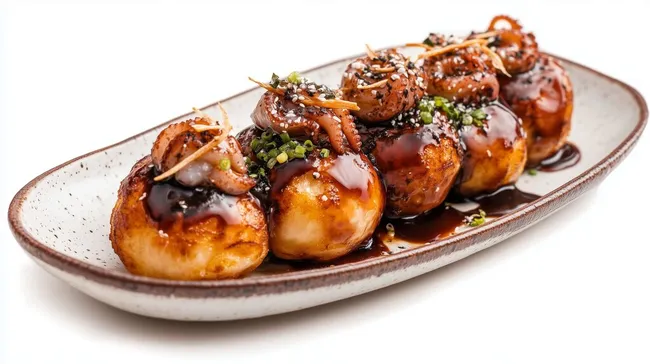 Leckere Takoyaki-Spezialität mit Oktopus und Bonito-Flocken