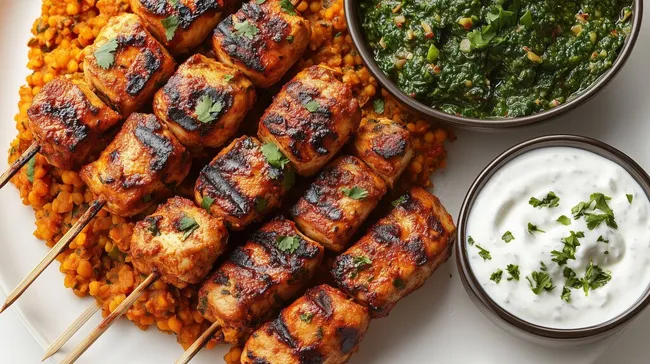 Leckere Tandoori-Hähnchenspiesse mit Linsensalat und Joghurtdip
