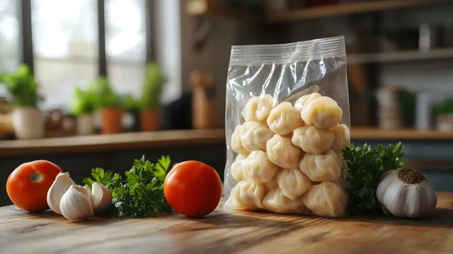 Leckere Teigtaschen in transparenter Verpackung