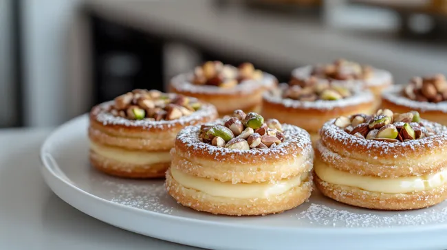 Leckere Törtchen mit gerösteten Nüssen und Puderzucker