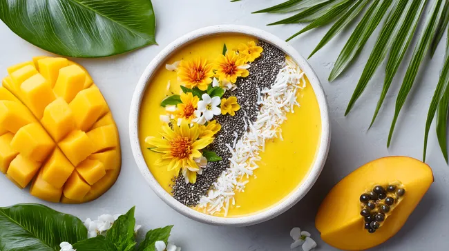 Leckere tropische Mango-Smoothie-Bowl mit Chiasamen und Blumen