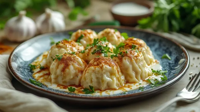 Leckere türkische Teigtaschen mit Knoblauchjoghurt