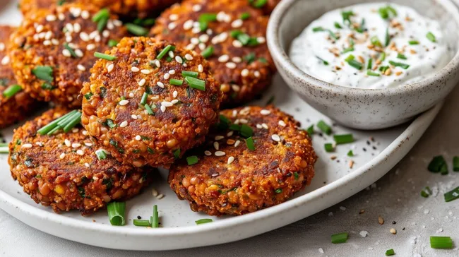 Leckere vegane Kidneybohnenlaibchen mit Sesam-Joghurt-Dip
