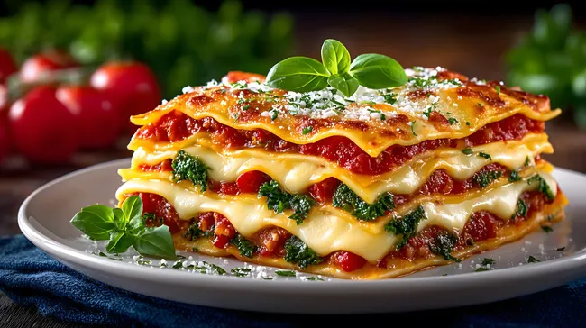 Leckere vegane Lasagne mit Spinat und Käse