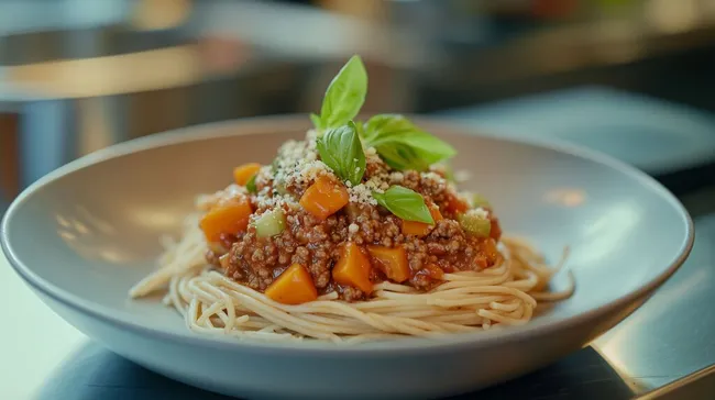 Leckere vegane Spaghetti Bolognese mit Basilikum