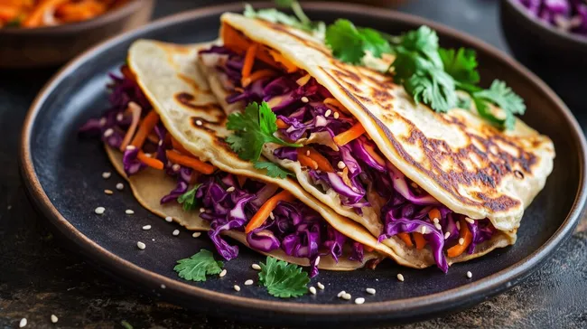 Leckere vegetarische Pancakes mit Rotkohl und Sesam