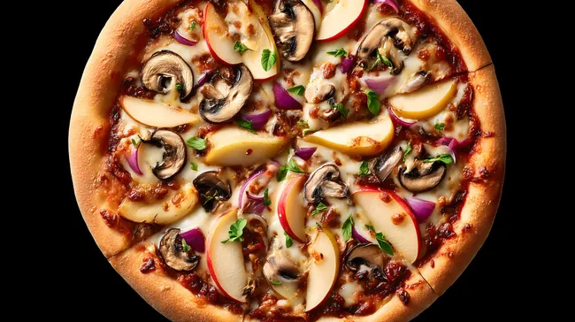 Leckere vegetarische Pizza mit Birne und Pilzen