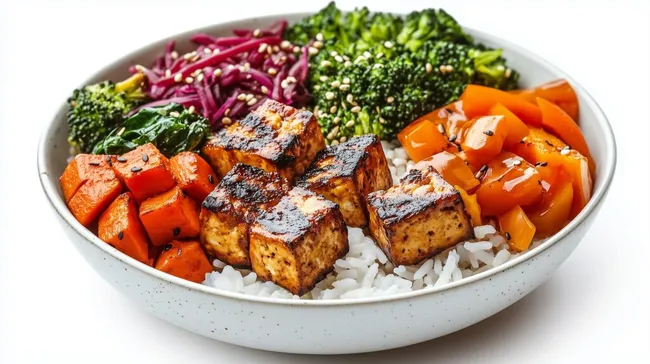 Leckere vegetarische Reisschüssel mit gegrilltem Tofu und frischem Gemüse