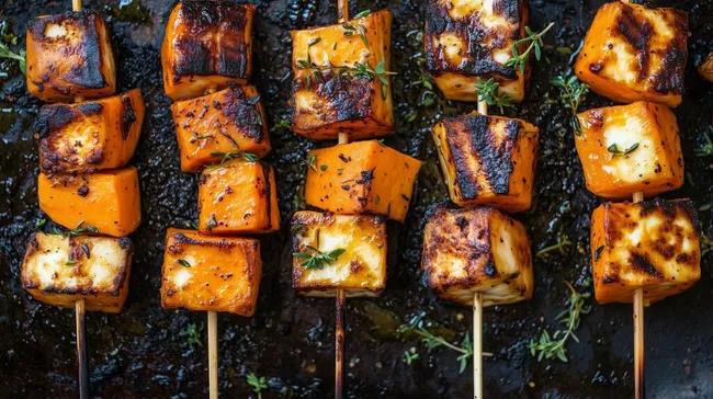 Leckere vegetarische Süßkartoffel-Spieße mit Halloumi