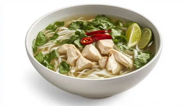 Leckere vietnamesische Nudelsuppe Pho mit Hühnchen und Kräutern