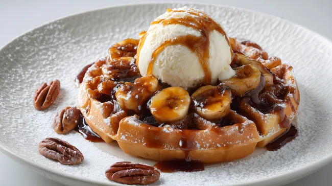 Leckere Waffel mit Bananen und Vanilleeis